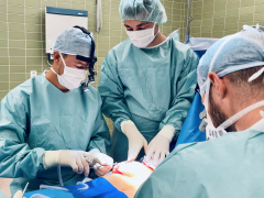Operace prsou – na fotografii zástupce primáře MUDr. Petr Šuk, MUDr. Marek Kubík, MUDr. Jan Bílek a MUDr. Madina Babakalanová. Pacientce byl vyňat prasklý implantát z prsu, vyměněn za nový a prsa byla modelována.