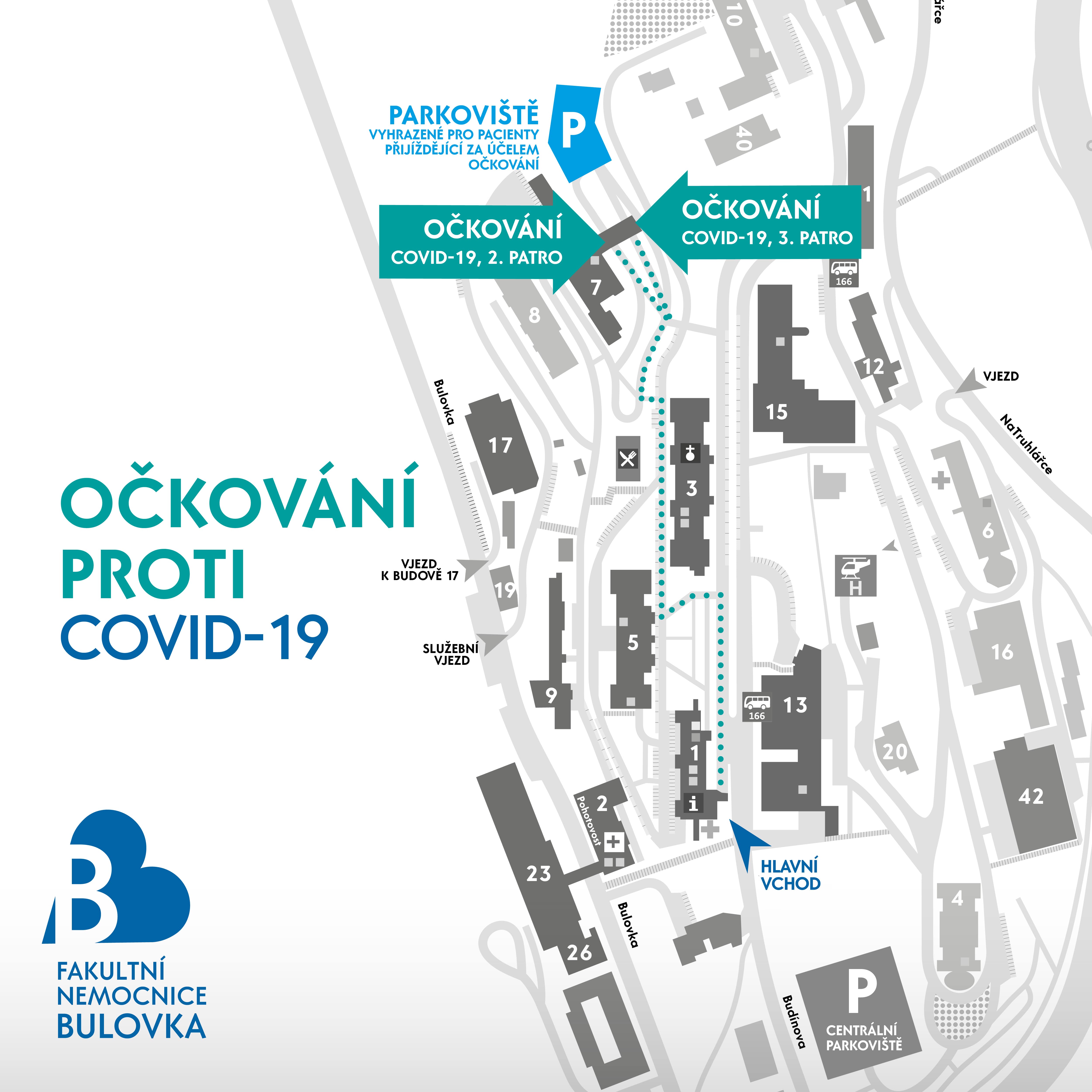 Kudy na očkování proti COVID-19 od hlavního vstupu do areálu nemocnice z ulice Budínova?
